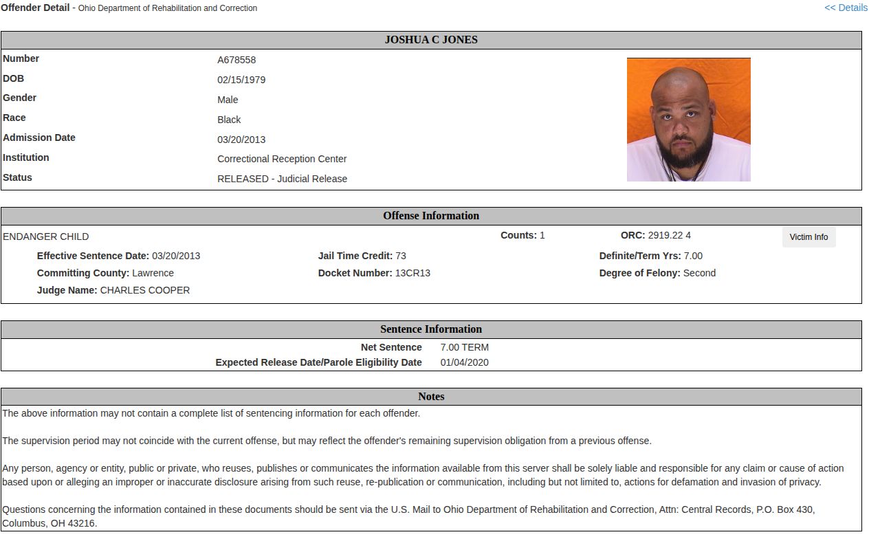 Lawrence County judicial release record with earlier projected release date